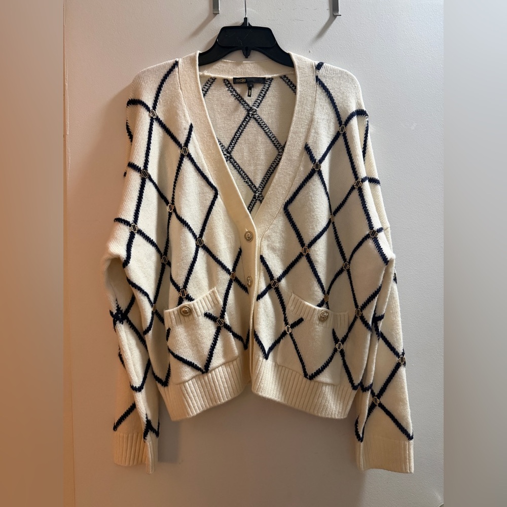 Maje Cream Cardigan with embellishment Navy Diamond Grid